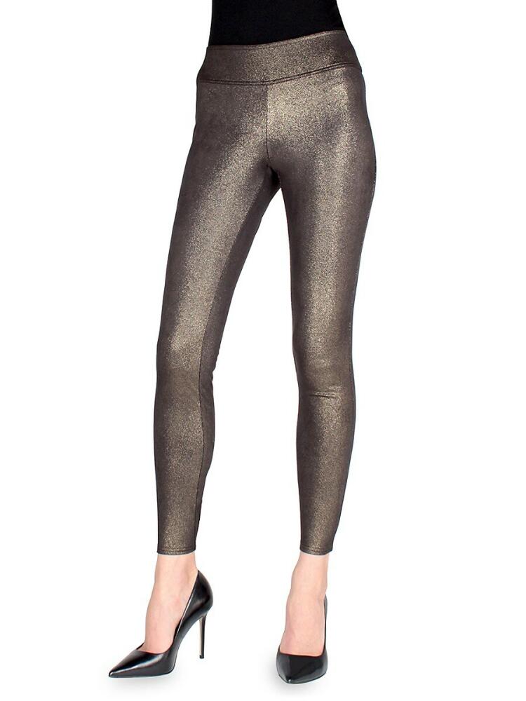 Memoi Women's Metallic Sheen Shaping Leggings - Black Gold Cover