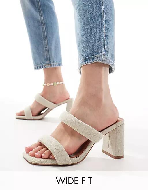 ASOS DESIGN Wide Fit Whisper padded mid block heeled mules in natural fabrication-Neutral Cover