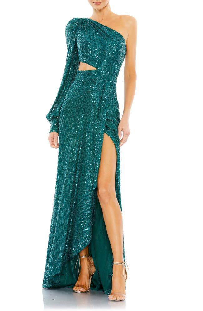 Ieena for Mac Duggal Sequin Cutout One-Shoulder Gown in Teal Cover