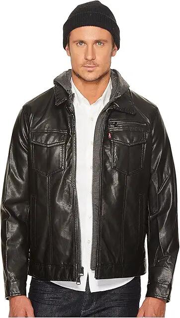 Levi's(r) Faux Leather Trucker with Jersey Hood and Fleece Lining (Black) Men's Coat Cover