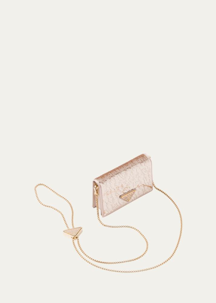 Prada Triangle Logo Sequin Card Holder with Chain Strap Cover