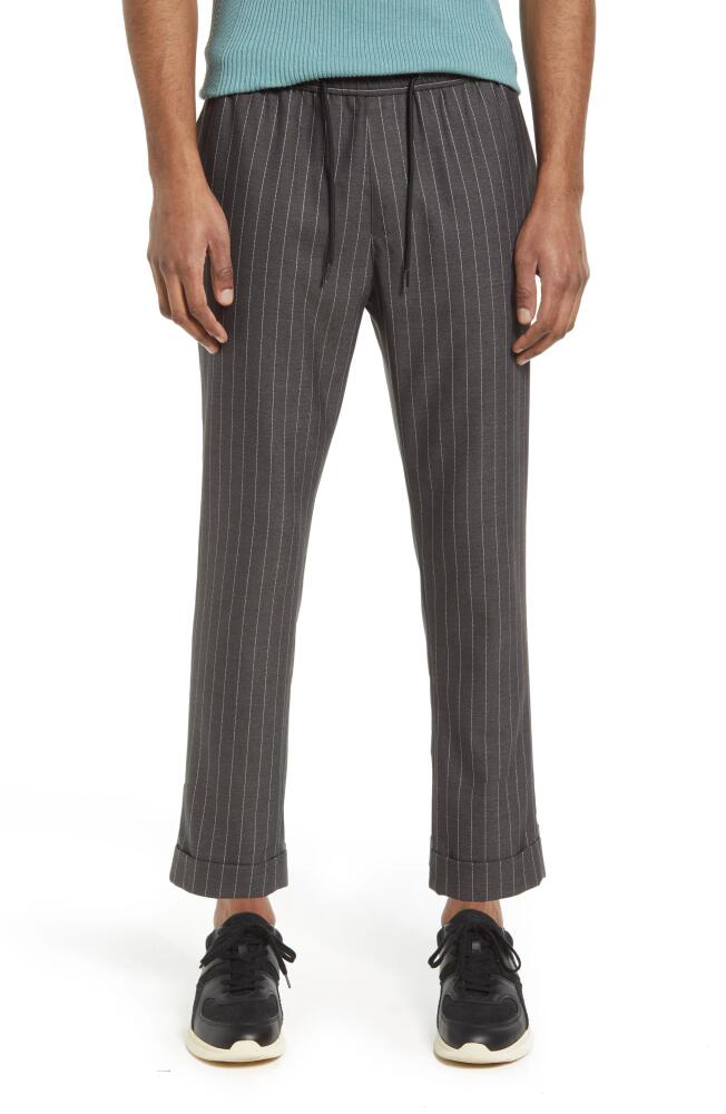 Open Edit Men's E-Waist Plaid Stretch Pants in Grey Charcoal Pinstripe Cover