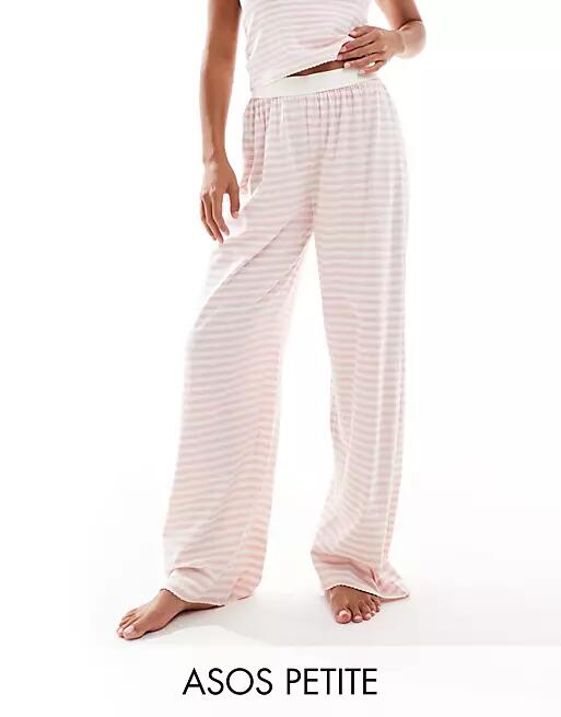 ASOS DESIGN Petite mix & match pajama pants with exposed waistband and picot trim in pink stripe Cover