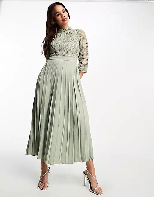 Little Mistress lace detail midaxi dress in sage green Cover