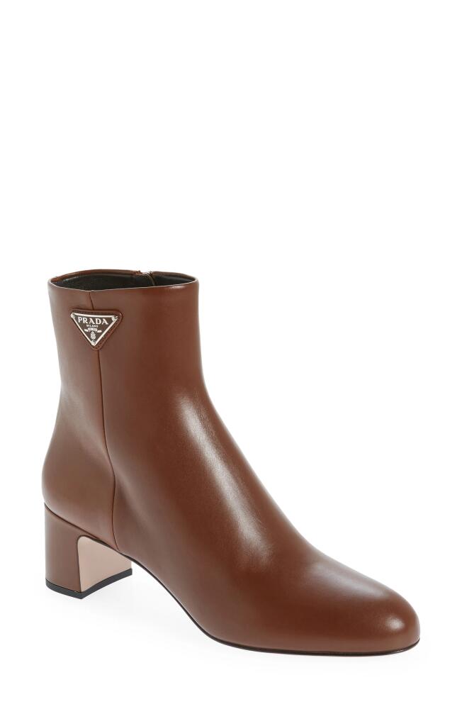 Prada Logo Block Heel Bootie in Cognac Cover