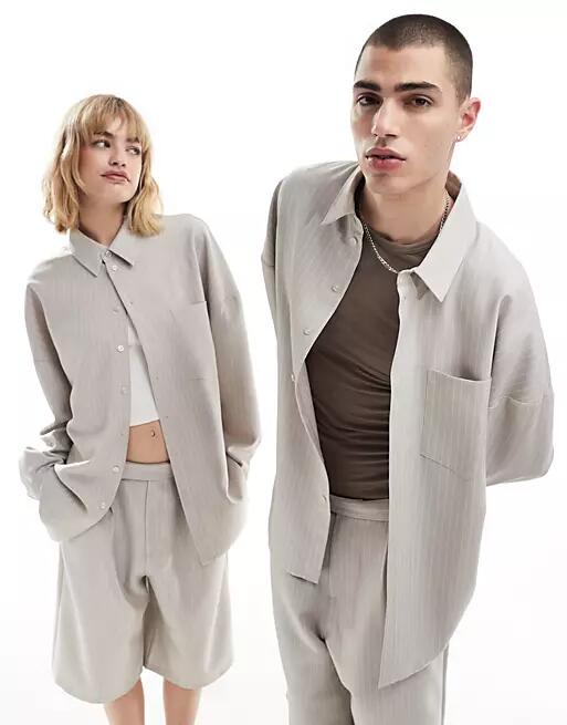 COLLUSION unisex tailored oversized shirt in sand pinstripe - part of a set-Multi Cover