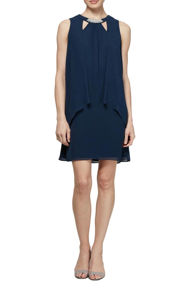 SL FASHIONS Chiffon Cutout Crew Neck Pearl Accent Dress in Navy Cover