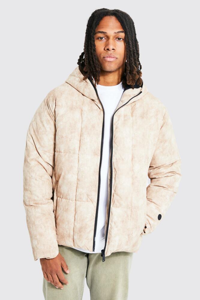 boohoo Mens Boxy Tie Dye Square Panel Hooded Puffer - Beige Cover