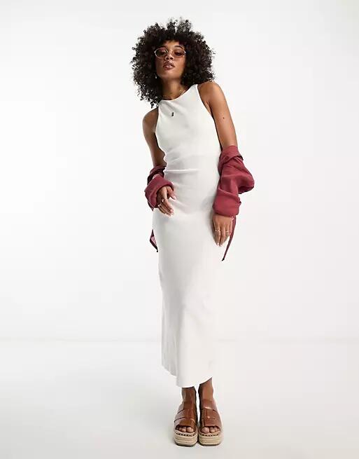 ASOS DESIGN square neck strappy ribbed midi bodycon dress with wooden beads in white Cover