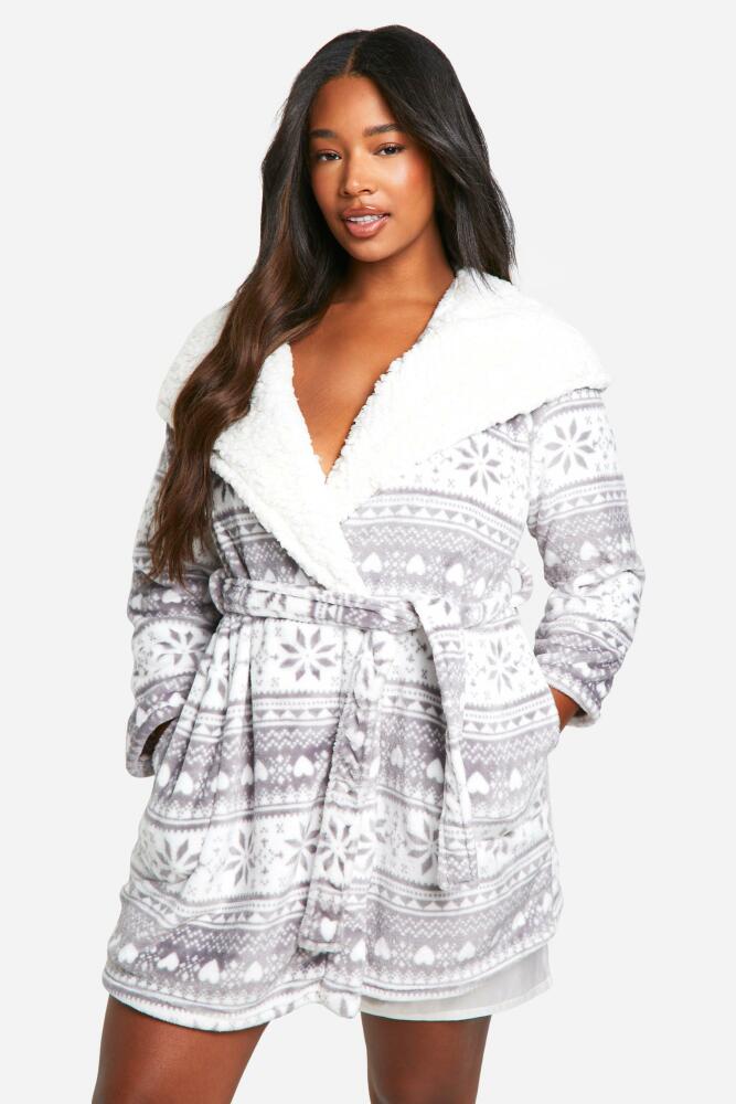 boohoo Womens Plus Christmas Fairsle Fleece Robe - Grey Cover