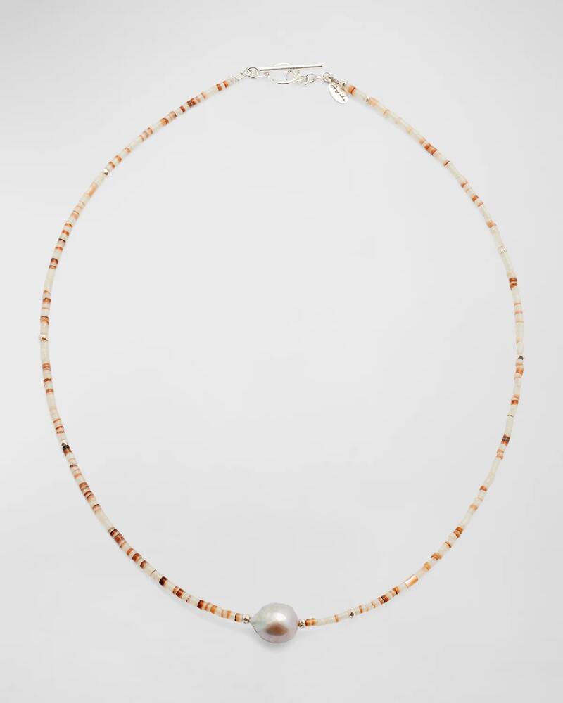 Jan Leslie Men's White Shell Beaded Necklace with Grey Freshwater Pearl Center Cover