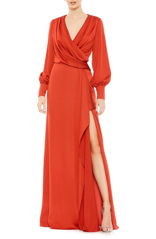 Ieena for Mac Duggal Wrap Front Long Sleeve Satin A-Line Gown in Brick Cover