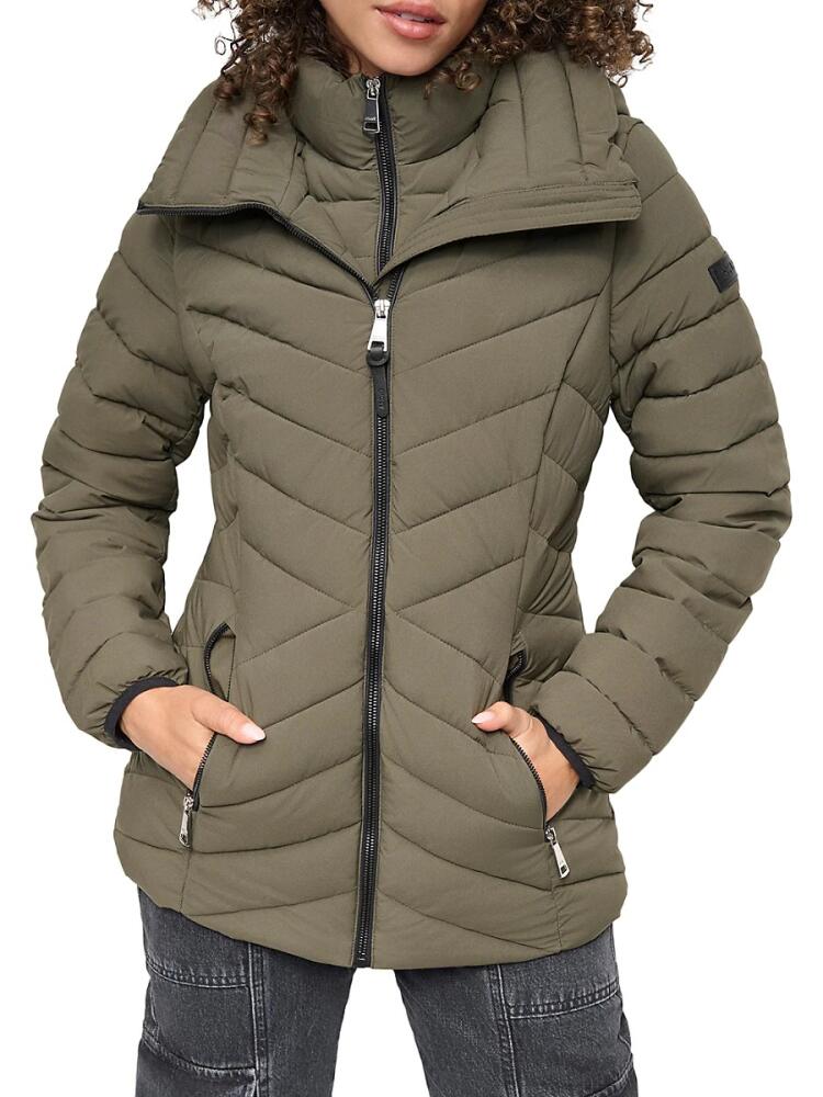 DKNY Women's Missy Chevron Quilted Bib-Front Puffer Jacket - Loden Cover