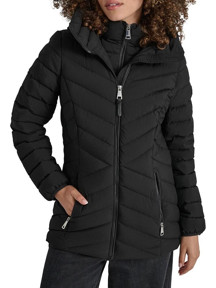 DKNY Women's Missy Chevron Quilted Bib-Front Puffer Jacket - Black Cover