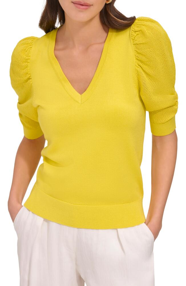 DKNY Puff Sleeve V-Neck Sweater in Fluoro Yellow Cover