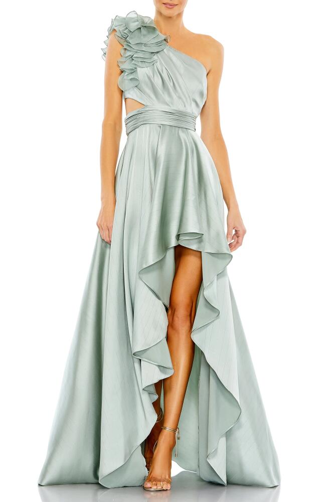 Ieena for Mac Duggal Ruffle Cutout One-Shoulder High-Low Satin Gown in Sage Cover