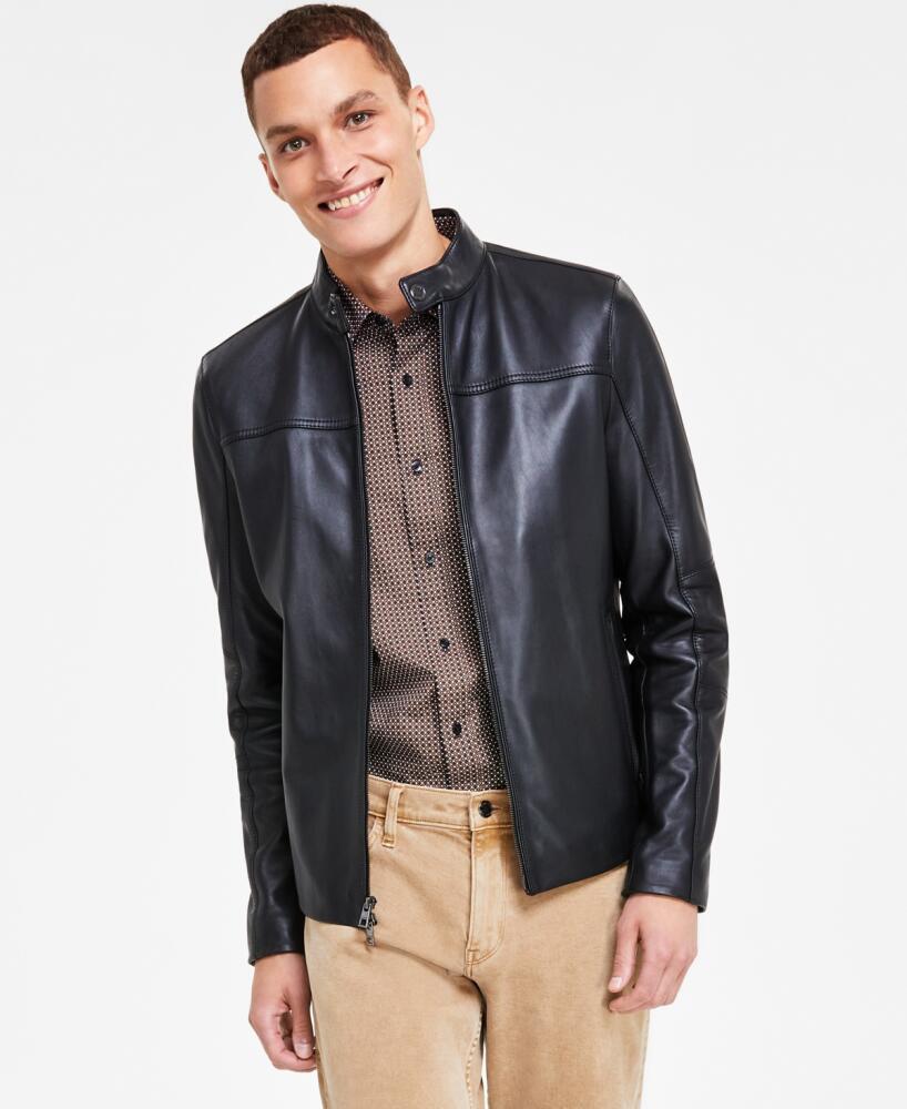 Michael Kors Men's Leather Racer Jacket, Created for Macy's - Black Cover