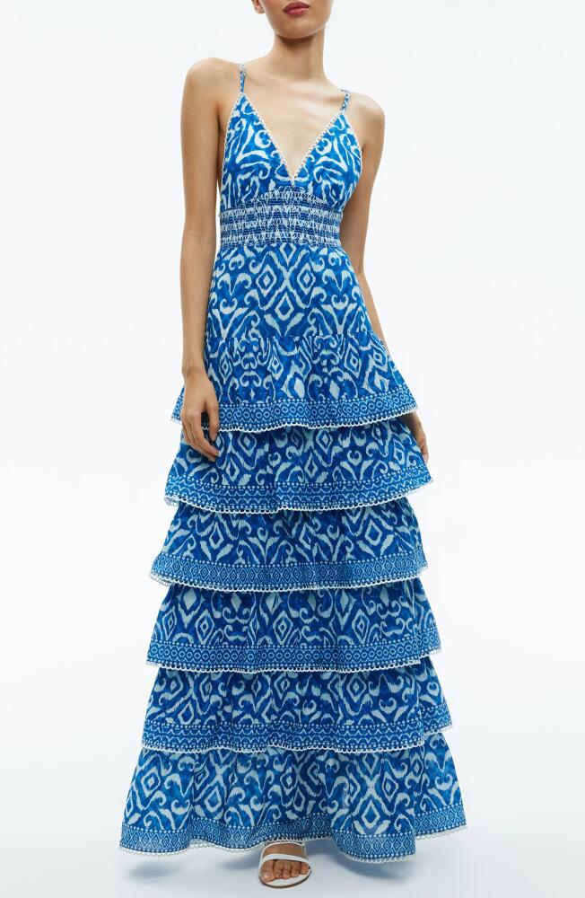 Alice + Olivia Imogene Ikat Print Tiered Open Back Maxi Dress in Artisan Ikat French Blue Cover