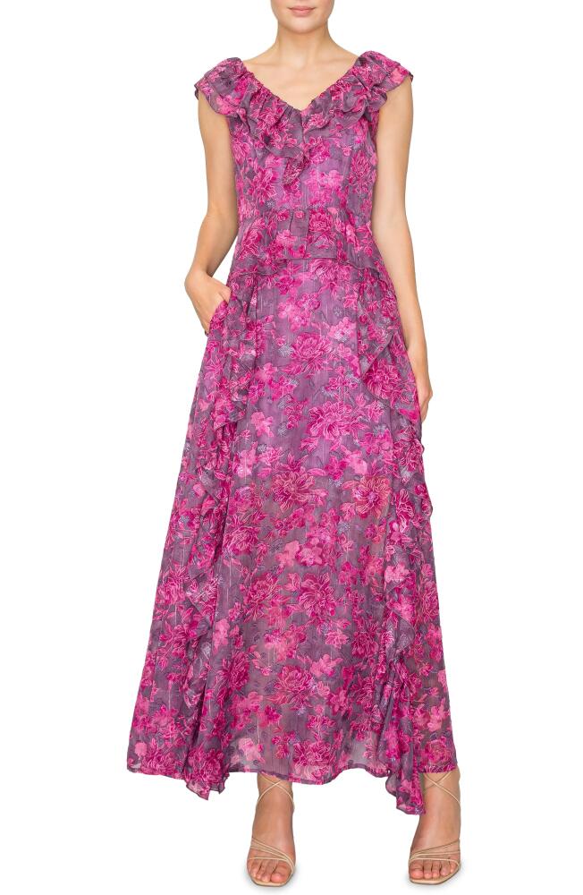 MELLODAY Floral Print Ruffle Maxi Dress in Plum Magenta Floral Cover