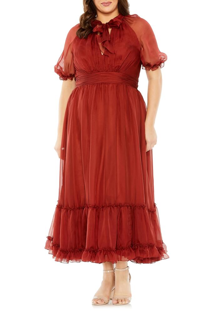 FABULOUSS BY MAC DUGGAL Sheer Puff Sleeve Cocktail Dress in Redwood Cover