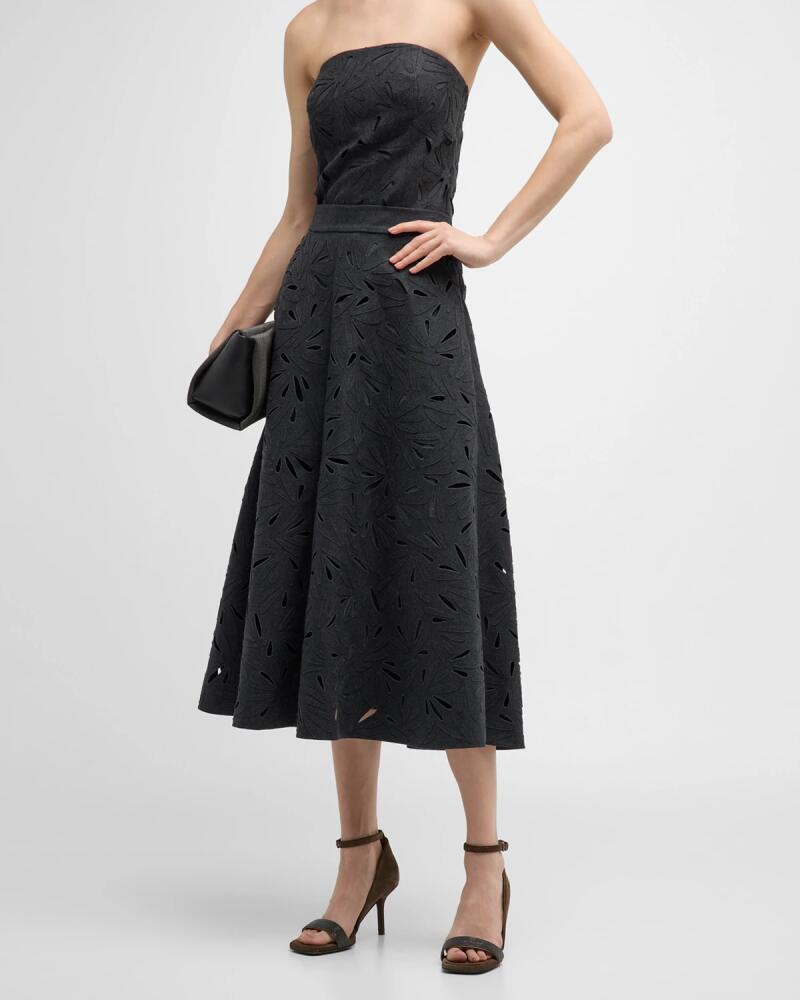 Brunello Cucinelli Flannel Wool A-Line Midi Skirt with Laser-Cut Floral Embroidery Cover