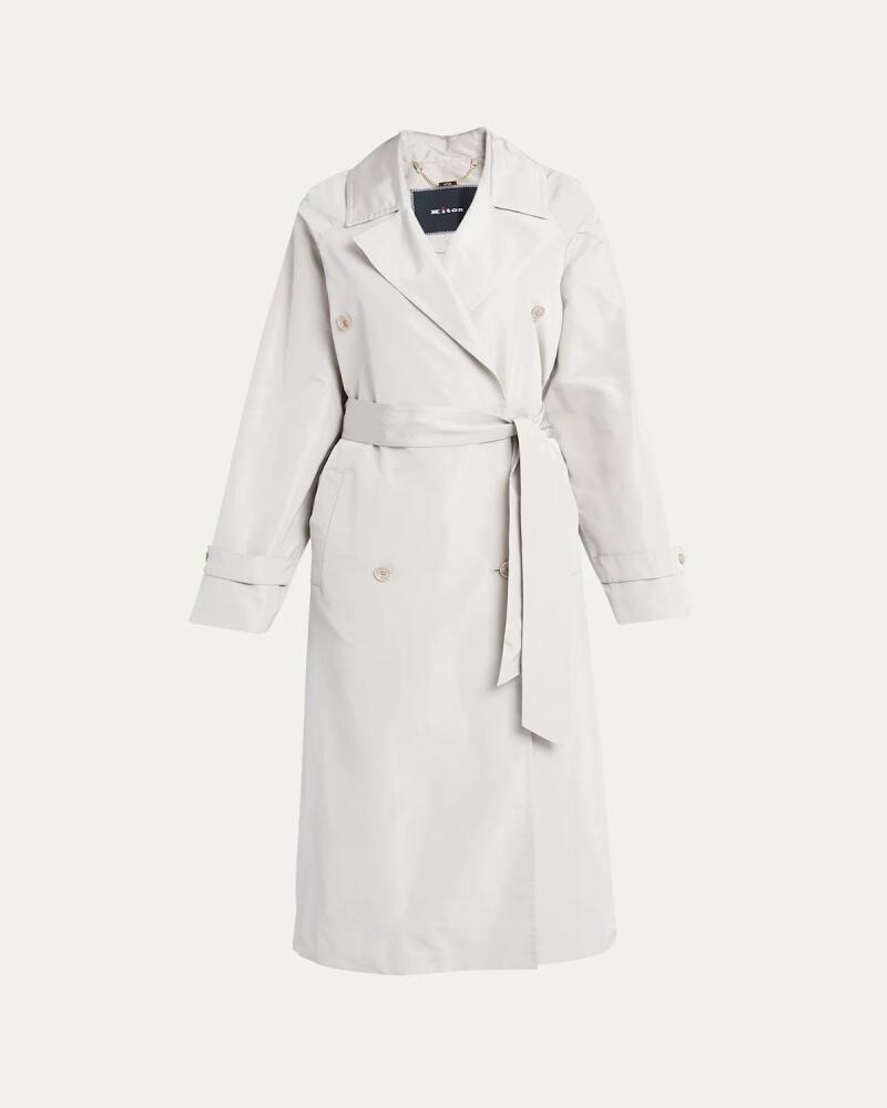 Kiton Long Double-Breast Tie-Waist Silk Trench Coat Cover