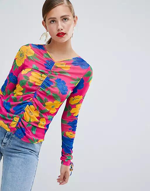 ASOS DESIGN Ruched Long Sleeve Top In Bright Floral Print-Multi Cover