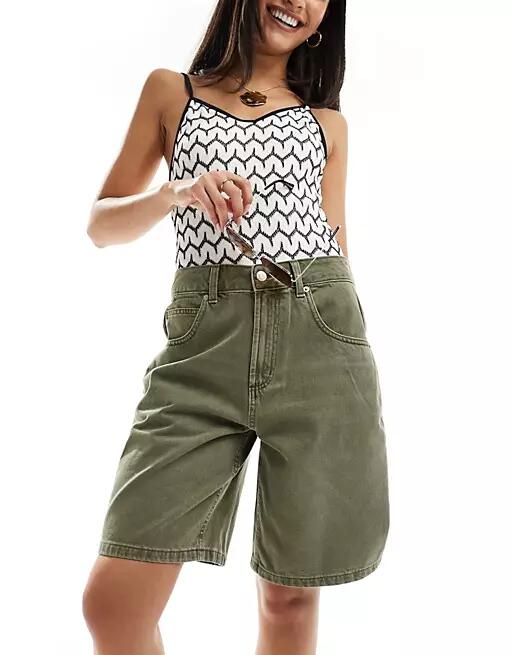 ASOS DESIGN denim bermuda shorts in wash khaki-Green Cover