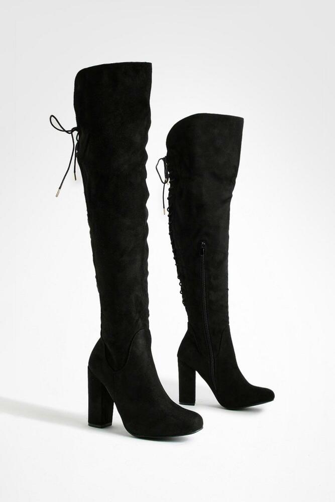 boohoo Womens Lace Back Block Heel Over The Knee High Boots - Black Cover