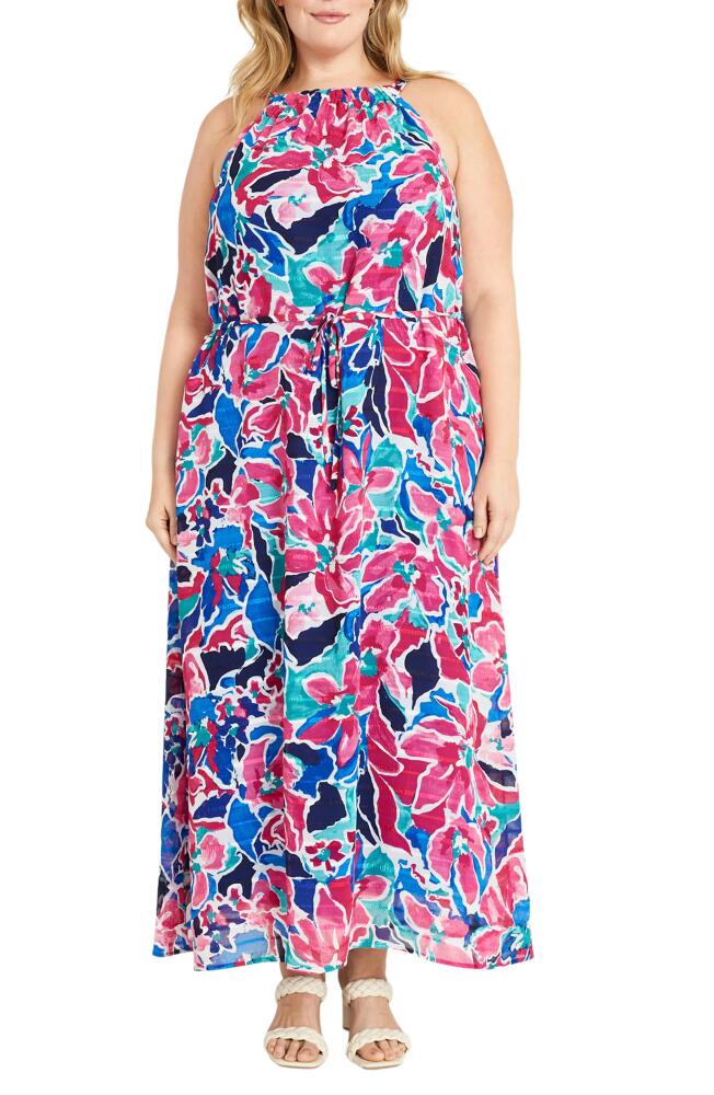 Maggy London Floral Tie Belt Maxi Dress in Soft White/Raspberry Cover