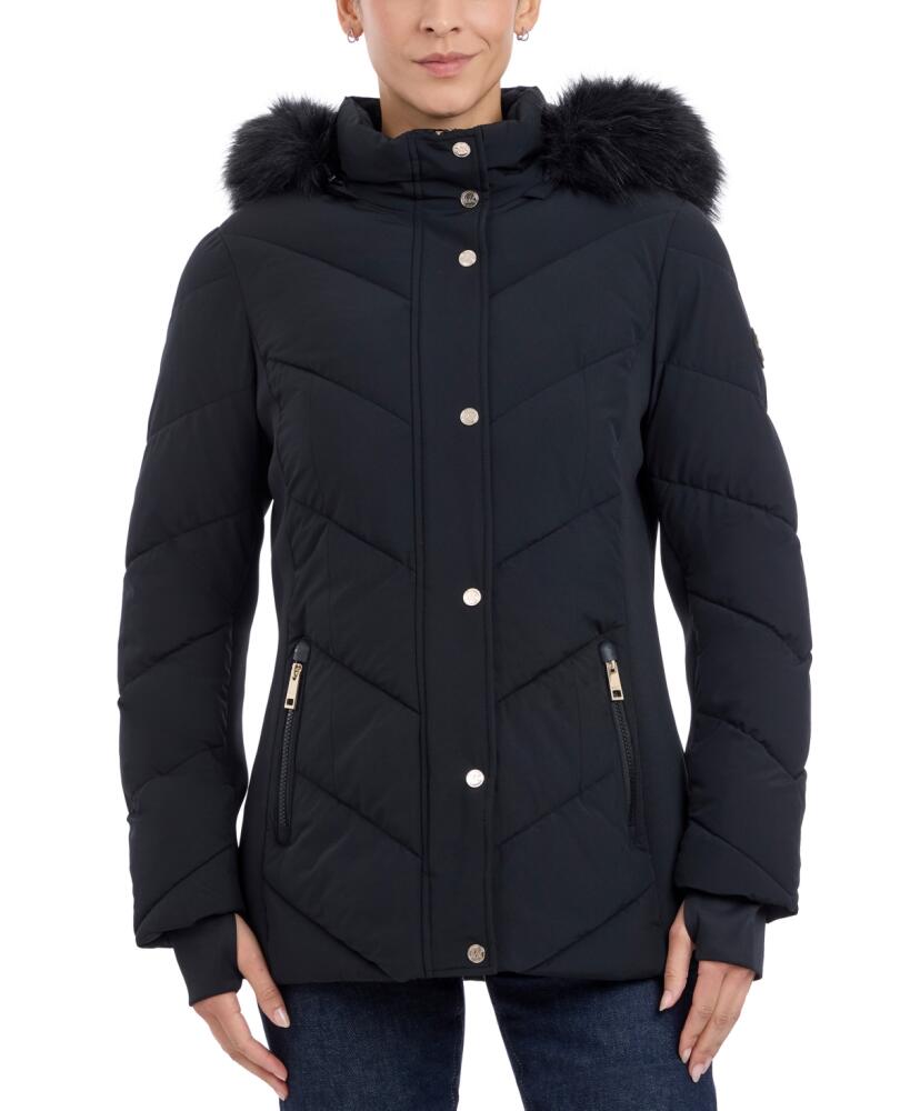 Michael Michael Kors Women's Faux-Fur-Trim Hooded Puffer Coat, Created for Macy's - Black Cover