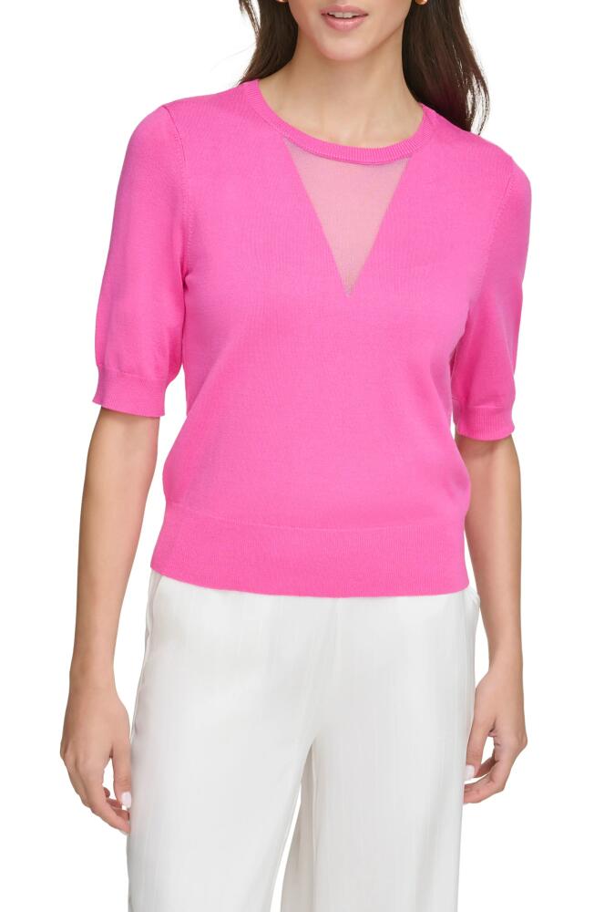 DKNY Sheer Mesh Illusion V-Neck Sweater in Shocking Pink Cover