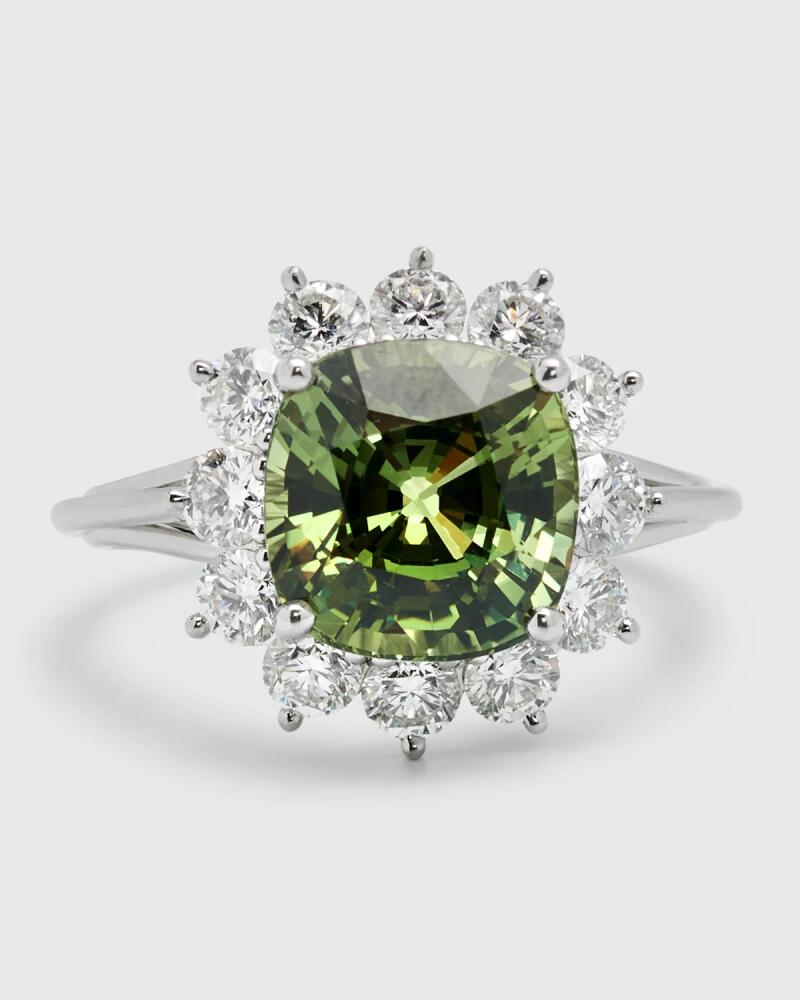 NM Estate Estate Platinum Yellow-Green Sapphire Cushion and Diamond Halo Ring, Size 6.75 Cover