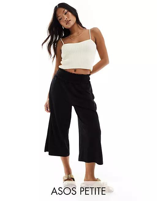 ASOS DESIGN Petite shirred waist cropped culotte pants in black Cover