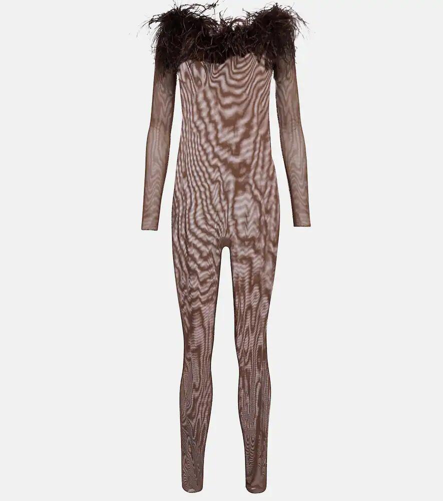 Oséree Feather-trimmed mesh jumpsuit Cover