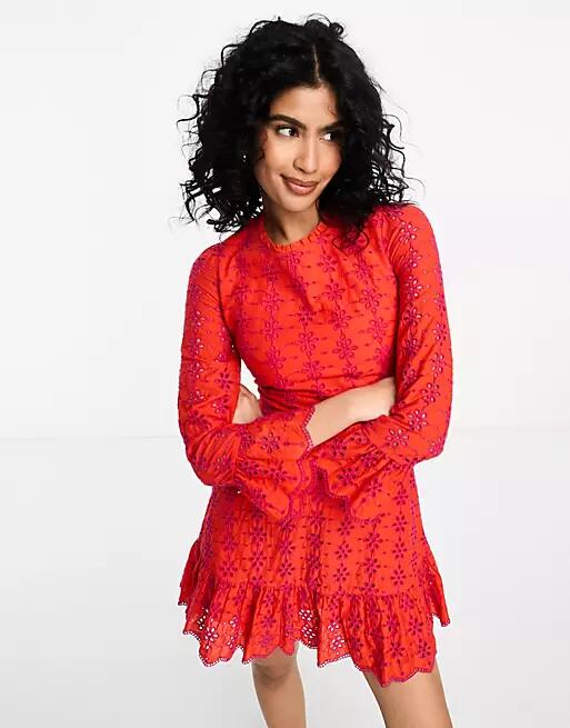 Never Fully Dressed lace up back eyelet mini dress in red and pink Cover