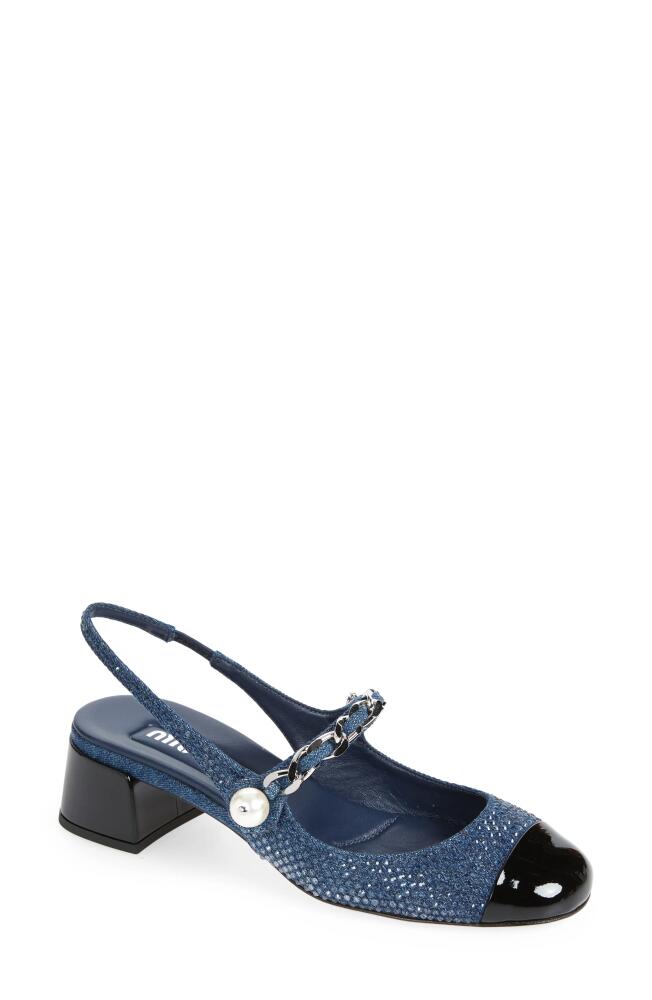 Miu Miu Chain Crystal Embellished Slingback Cap Toe Pump in Denim/Black Cover