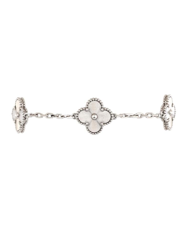 Pre-Owned Van Cleef & Arpels Vintage Alhambra 5 Motifs Bracelet Guilloche 18K White Gold Cover