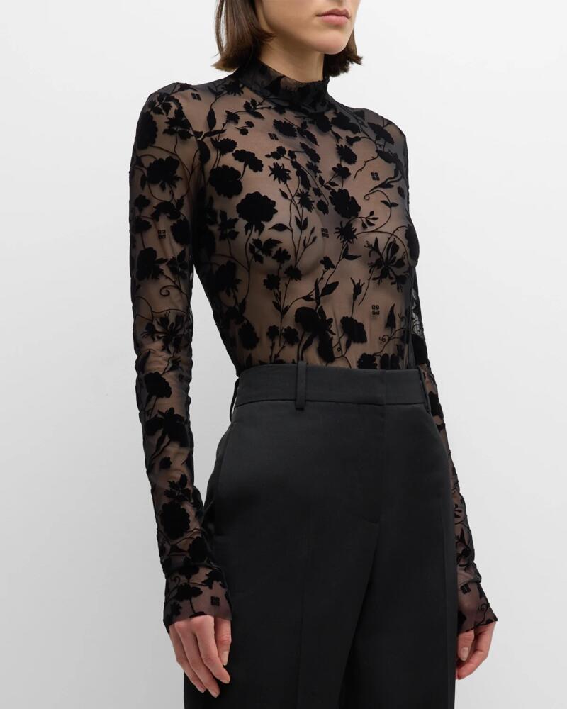 Givenchy 4G Floral Velvet Burnout Long-Sleeve Bodysuit Cover