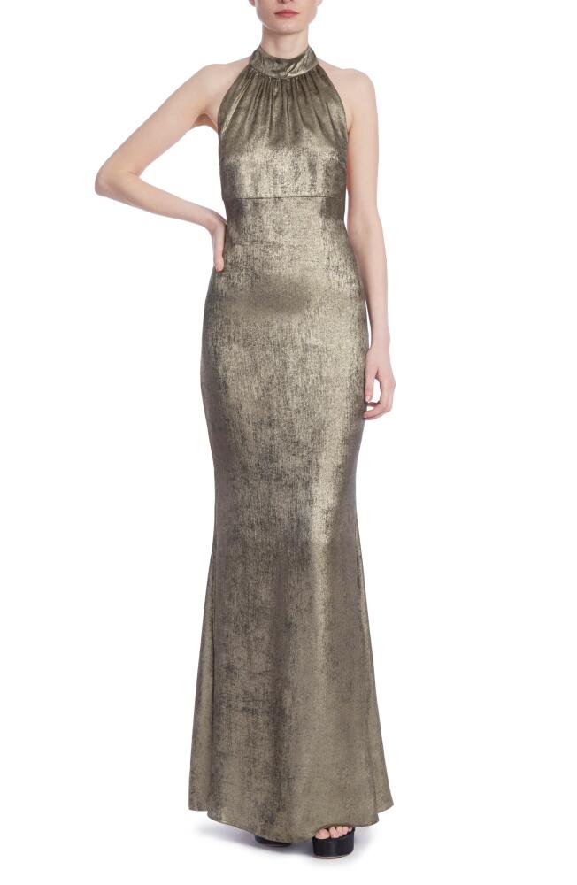 Jewel Badgley Mischka Crystal Trim Halter Neck Mermaid Gown in Gold Dark Grey Cover