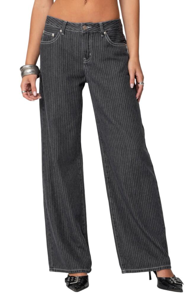 EDIKTED Pinstripe Wide Leg Low Rise Jeans in Black Cover