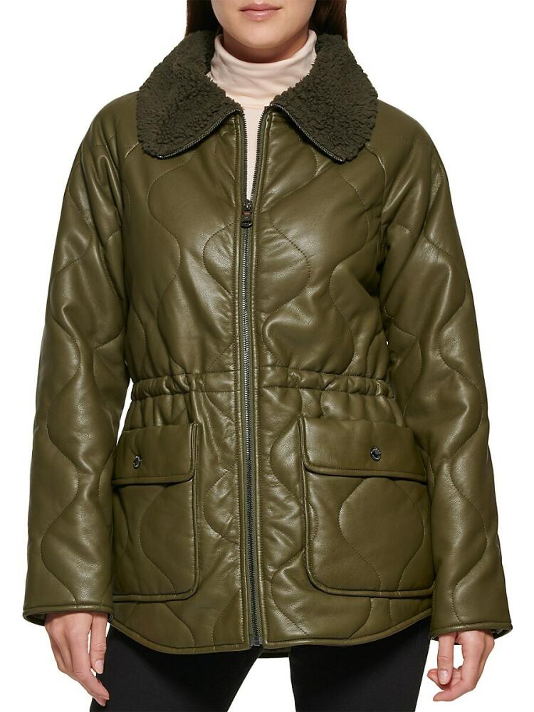 Kenneth Cole Women's Quilted Faux Fur Trim Anorak Jacket - Olive Cover