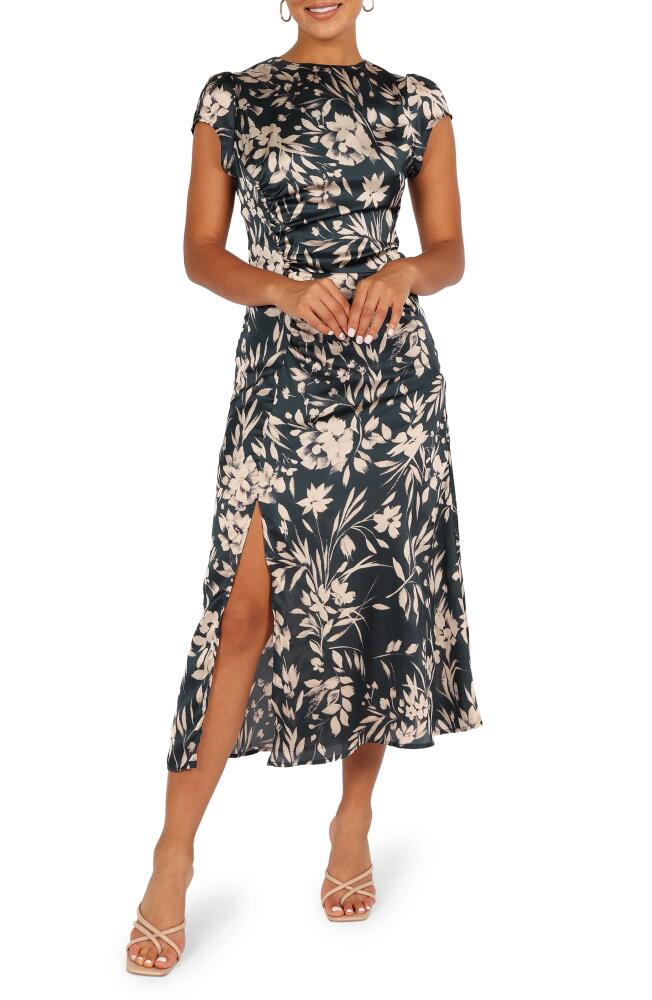 Petal & Pup Lisbeth Floral Cap Sleeve Satin Midi Dress in Green Floral Cover