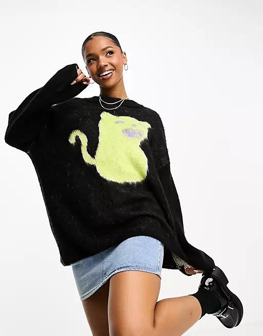 Monki oversized knitted sweater with jacquard cat placement-Black Cover