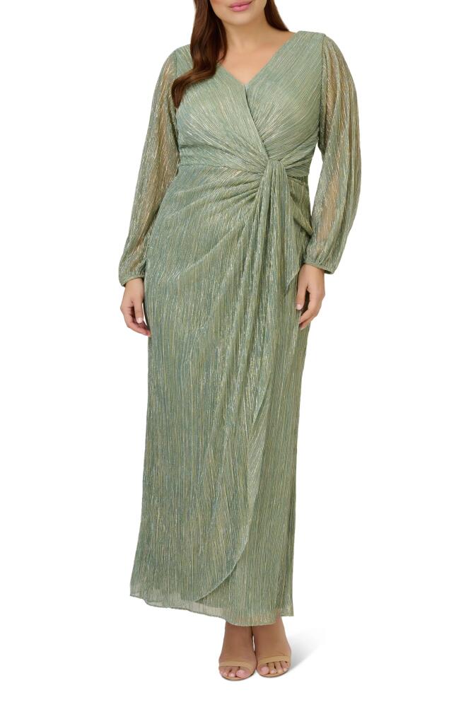 Adrianna Papell Metallic Long Sleeve Mesh Evening Gown in Green Slate Cover