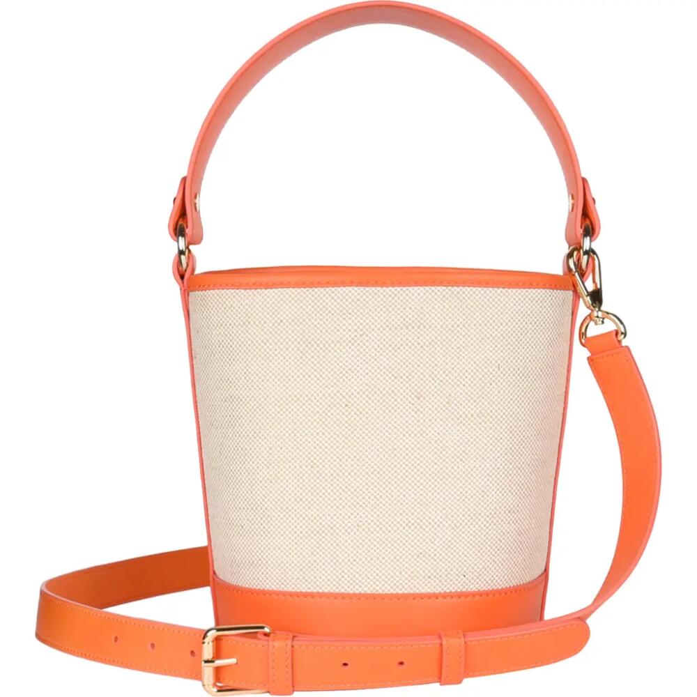 HYER GOODS Canvas and Upcycled Leather Convertible Mini Bucket Bag in Linen/Orange Cover