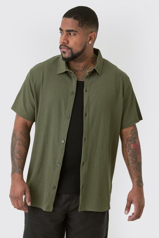 boohoo Mens Plus Short Sleeve Regular Textured Shirt In Khaki - Green Cover