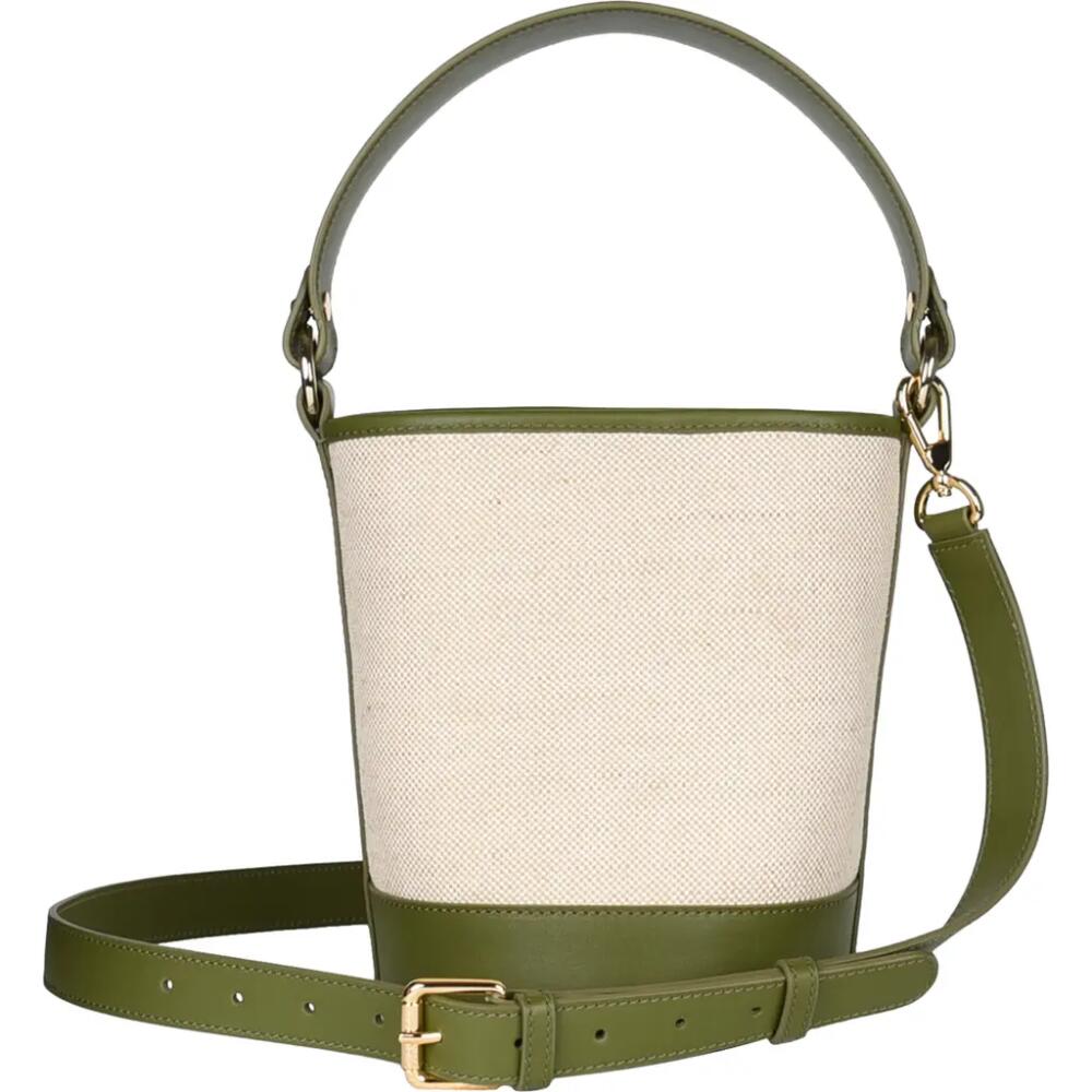 HYER GOODS Canvas and Upcycled Leather Convertible Mini Bucket Bag in Linen/Olive Cover