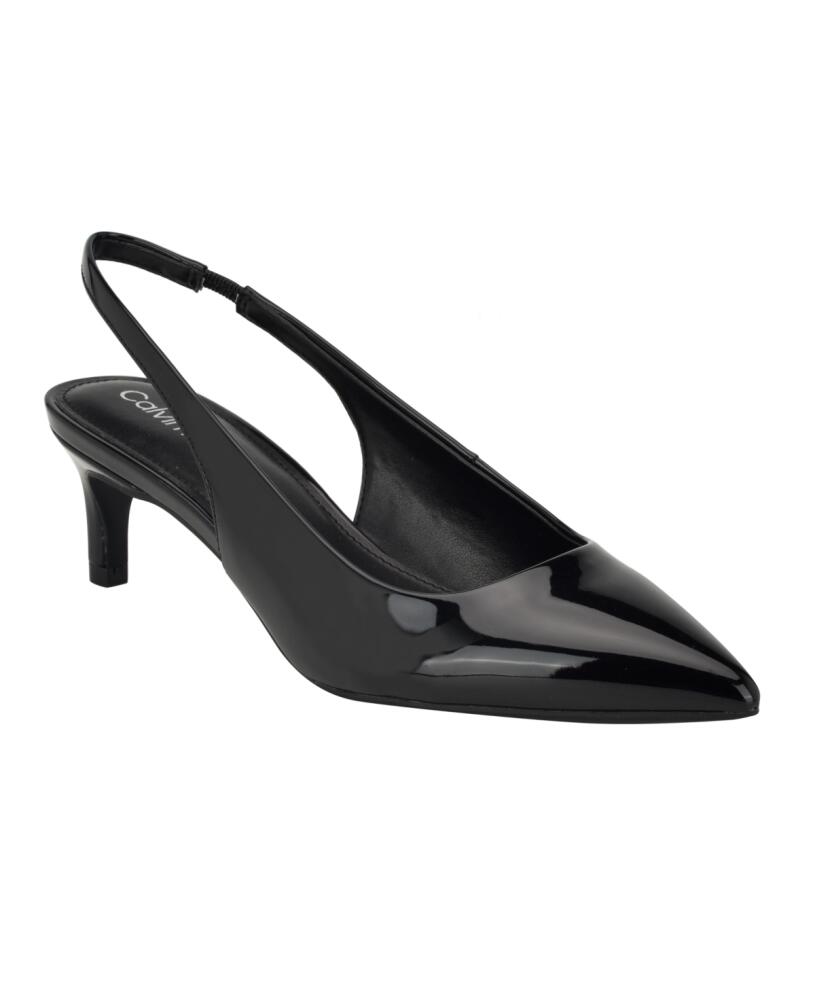 Calvin Klein Women's Dainty Pointy Toe Low Heel Slingback Pumps - Black Patent Cover