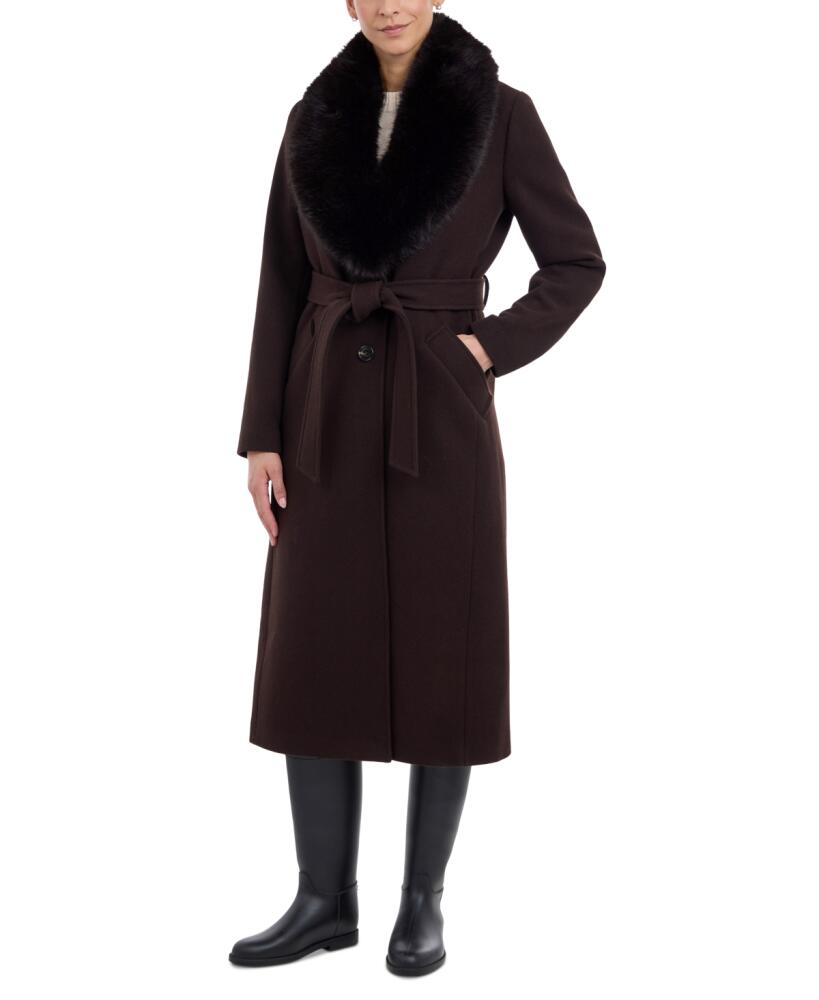 Michael Michael Kors Women's Faux-Fur-Collar Belted Coat - Chocolate Cover